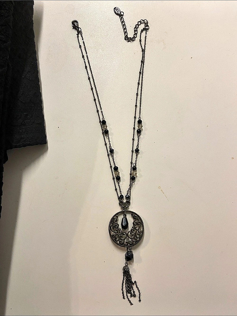 Vintage Cookie Lee Filigree Pendant Necklace in Black & Gray